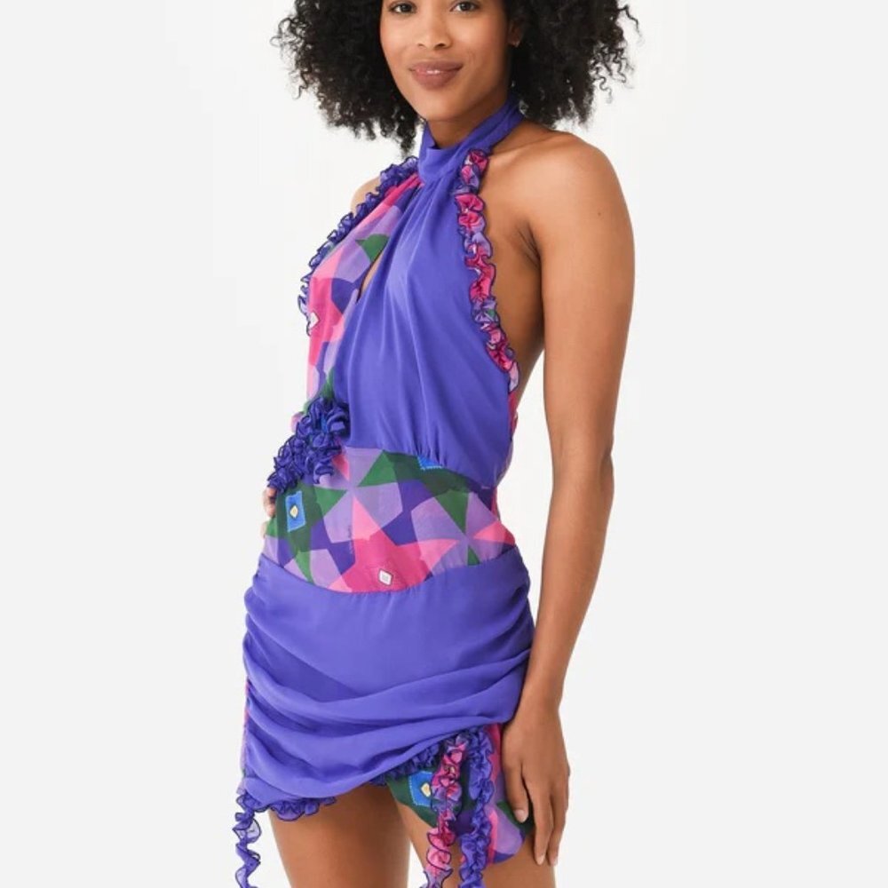 ANIM Abstract Backless Helmet Dress Sheer Ruffle Purple/Pink Womens MD - *NWT!*
